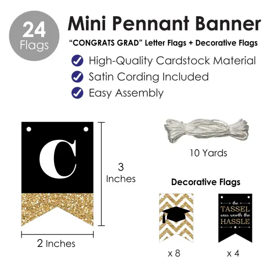 Big Dot of Happiness Tassel Worth The Hassle - Gold - Graduation Party Mini Pennant Banner - Congrats Grad {6}