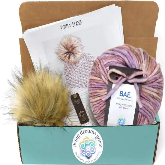 DIY Winter Hat Crochet Kit. Includes Bulky Superfine Merino Wool Yarn, Printed Pattern, Pom-Pom, Rim Tag. Soft, Cozy, Great for Gifts Romance {1}