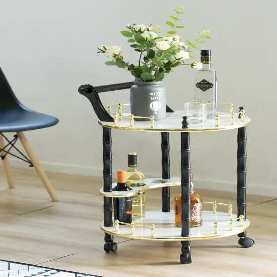 Round Wood Serving Bar Cart Tea Trolley with 2 Tier Shelves and Rolling Wheels White {2}