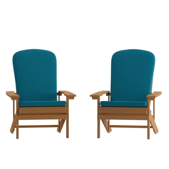 Merrick Lane Riviera Set of 2 Weather Resistant Adirondack Patio Chairs With Vertical Lattice Backs and Comfort Foam Cushions Teak/Teal {1}