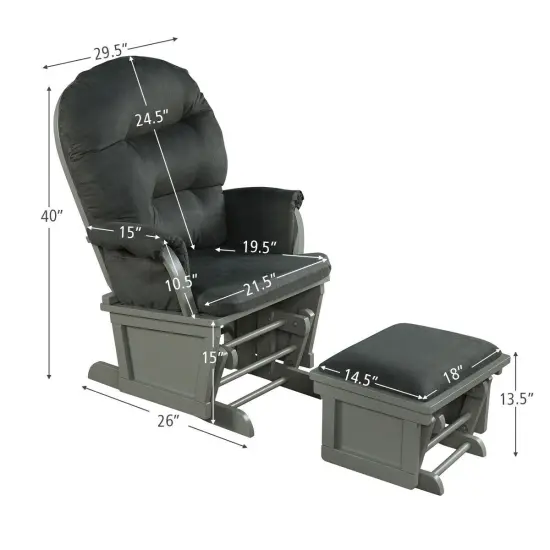 Wooden Glider and Ottoman Cushion Set with Padded Armrests for Nursing Grey {3}