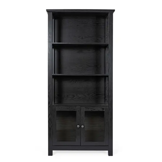 Merrick Lane Omaha Modern Farmhouse Storage Cabinet Bookcase, Glass Doors and Open Shelves Black {3}