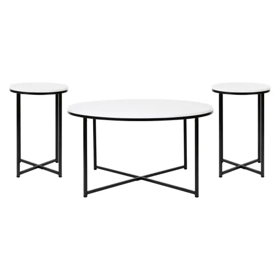 Merrick Lane Fairdale Round Coffee Table Set - 3 Piece Coffee Table Set with Crisscross Frame - Coffee Table & 2 End Tables White/Brushed Gold {5}