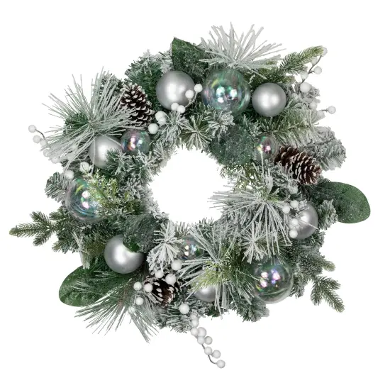 Northlight Flocked Pine Artificial Christmas Wreath with Iridescent Ornaments, 24-Inch, Unlit Green {1}