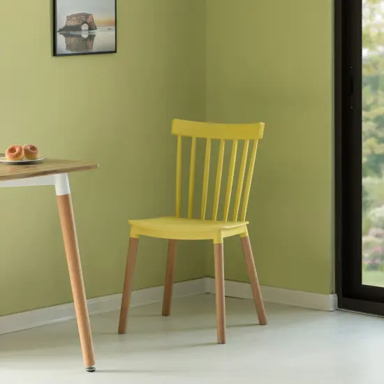 Modern Plastic Dining Chair Windsor Design with Beech Wood Legs Set of 2 Yellow {6}