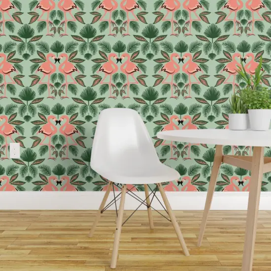 Pre-Pasted Wallpaper 2FT Wide Flamingo Palm Leaves Green Pink Tropics Island Custom Pre-pasted Wallpaper by Spoonflower {1}