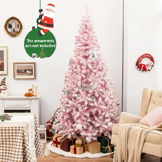 Costway 7.5FT Pre-Lit Snow Flocked Pink Christmas Tree 1100 Tips w/ 450 Lights & 8 Modes {3}