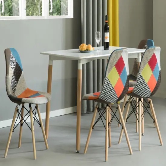 Mid-Century Modern Upholstered Plastic Multicolor Fabric Patchwork DSW Shell Dining Chair with Wooden Dowel Eiffel Legs {3}