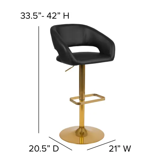 Merrick Lane Rothko Modern Bar Stool Rounded Mid-Back Stool With Height Adjustable Swivel Seat BlackVinyl/GoldFrame {6}