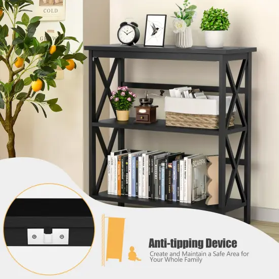 Costway Wooden Shelf Bookcase 3-Tier Open Bookshelf W/X-Design Freestanding Rack BlackBrownNaturalWhite {5}