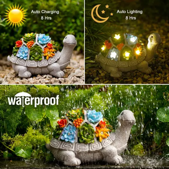 Solar Garden Outdoor Statues Turtle with Succulent and 7 LED Lights - Lawn Decor Tortoise Statue for Patio, Balcony, Yard Ornament - Unique Housewarming Gifts {1}