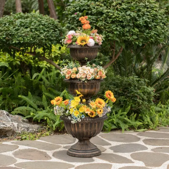 Outdoor Garden Triple Stacked Flower Bowl Urn Tier Planter Decoration, Bronze {2}