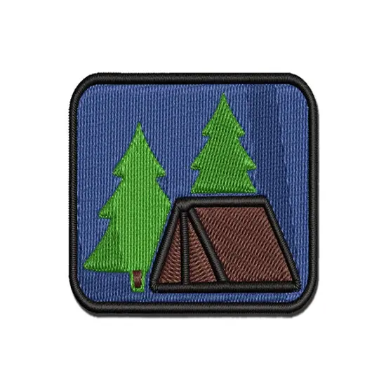 Camping Tent in the Woods Pine Trees Multi-Color Embroidered Iron-On or Hook & Loop Patch Applique {1}