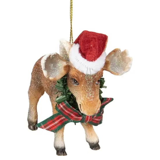 Northlight 3.5-Inch Moose Wearing Santa Hat and Plaid Bow Christmas Ornament Brown {5}