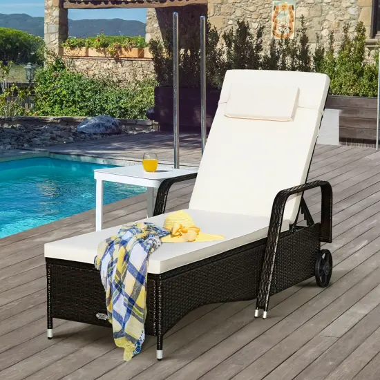 Costway Outdoor Chaise Lounge Chair Recliner Cushioned Patio Furniture Adjustable Wheels Brown {1}