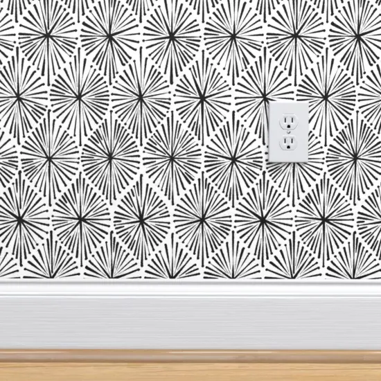 Pre-Pasted Wallpaper 2FT Wide Modern Geometric Ink Black Boho Ogee Midcentury Block Print Custom Pre-pasted Wallpaper by Spoonflower {4}
