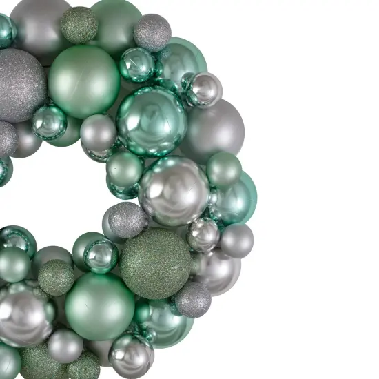 Northlight 3-Finish Shatterproof Ball Christmas Wreath - 13" - Silver and Seafoam Green - Unlit {4}