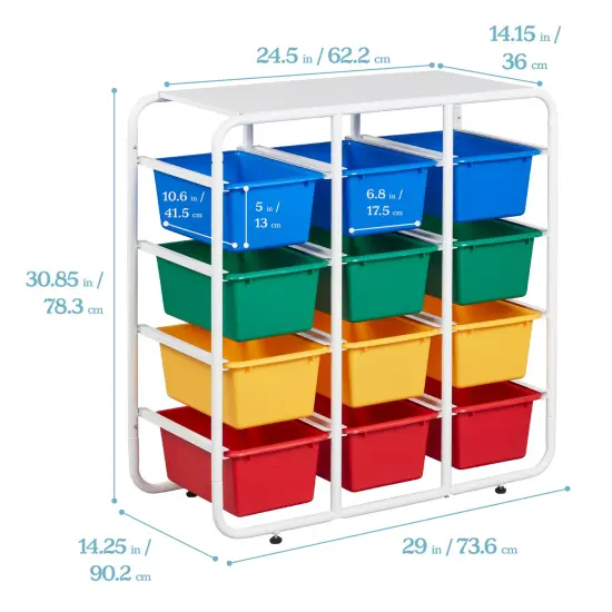 4-Tier Storage Rack with 12 Cubby Bins 4x3, Multipurpose Organization Primary {2}