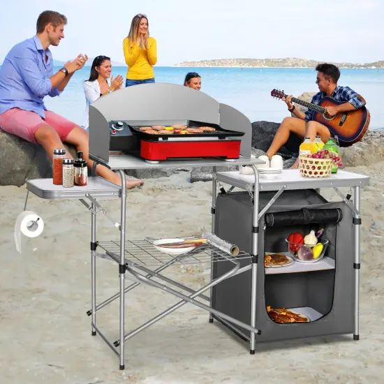 Fold-able Outdoor BBQ Portable Grilling Table With Windscreen Bag Grey {2}