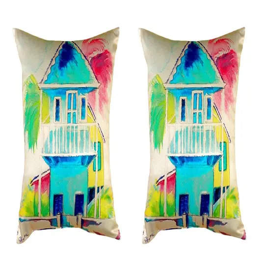 Pair of Betsy Drake W. Palm Hut Blue No Cord Pillows 16 Inch X 20 Inch {1}