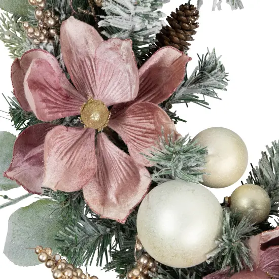 Northlight Floral and Ball Ornament Frosted Pine Artificial Christmas Wreath - 24" -Pink - Unlit Green {5}