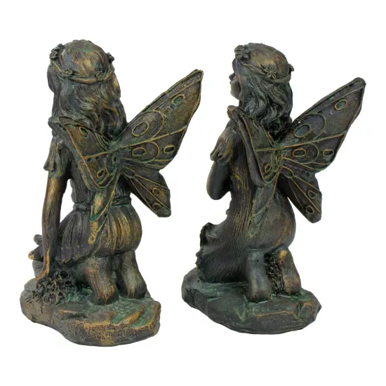 Northlight Set of 2 Bronze Kneeling Fairies With Flowers and a Butterfly Outdoor Garden Statues - 7" {7}