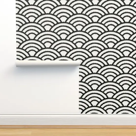 Peel & Stick Wallpaper 2FT Wide Rice And Nori Black White Japan Japanese Wave Geometric Monochrome Stripes Custom Removable Wallpaper by Spoonflower {2}