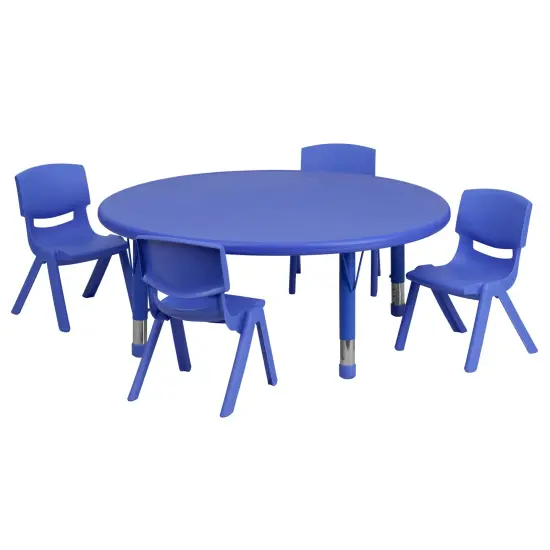 Emma and Oliver 45" Round Plastic Height Adjustable Activity Table Set with 4 Chairs Blue {1}