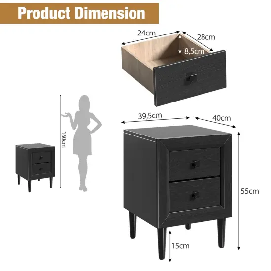 Multi-Purpose Wooden Bedside Nightstand with 2 Drawers Suitable for Any Room Black {4}