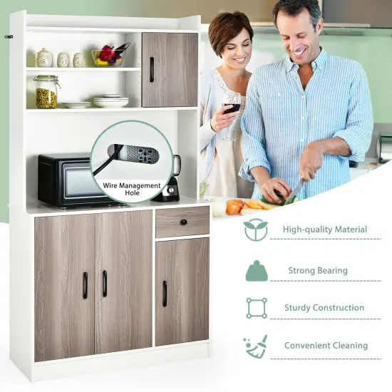 4-Door 71 Inch Kitchen Buffet Pantry Storage Cabinet with Hutch Adjustable Shelf White {6}