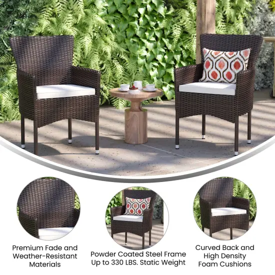 Merrick Lane Sunset Patio Chairs with Fade and Weather Resistant Wicker Wrapped Powder Coated Steel Frames & Cushions-Set of 2 Espresso/Cream {2}