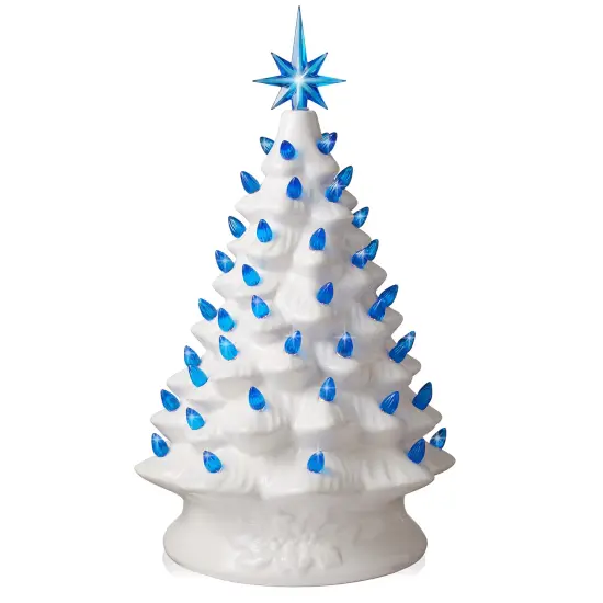 Casafield Hand Painted Ceramic Christmas Tree, White 15-Inch Pre-Lit Tree with 128 Pink and Blue Lights and 2 Star Toppers {1}