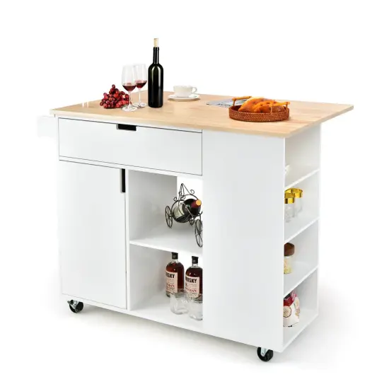 Drop-Leaf Kitchen Island with Rubber Wood Top White {6}