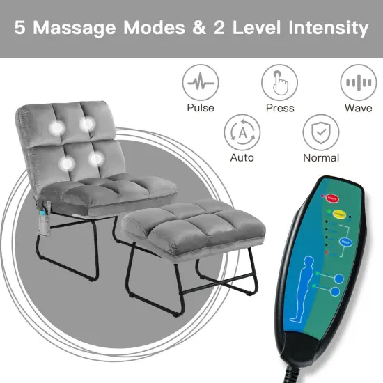 Massage Chair Velvet Accent Sofa Chair with Ottoman and Remote Control Grey {4}