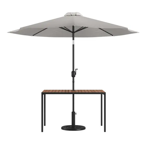 Merrick Lane Outdoor Powder Coated Steel Dining Table with Faux Teak Poly Slat Top, 9' Patio Umbrella and Base Gray {1}