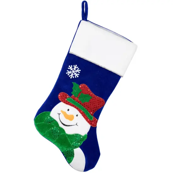 Northlight 20" Royal Blue Embroidered Velveteen Snowman Christmas Stocking with White Cuff {1}