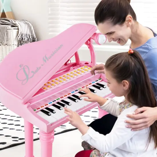 31 Keys Kids Piano Keyboard with Stool and Piano Lid Pink {2}