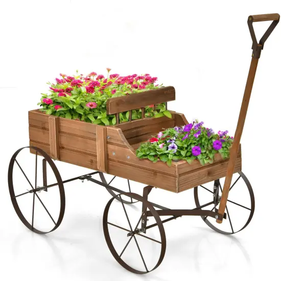 Costway Garden Plant Planter Wooden Wagon Planter W/ Wheel Garden Yard {10}