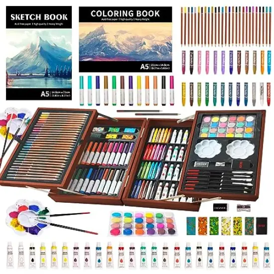 139 Piece Art Sets & Crafts Kit with Sketch Pads, Deluxe Wooden Box for Artist Beginners Girls Boys (Light Brown) {2}