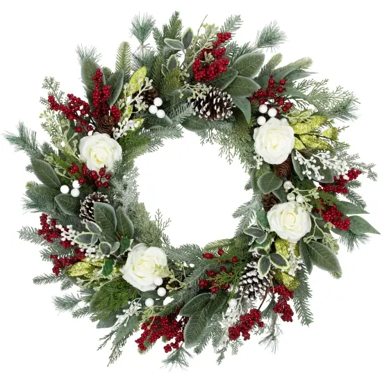 Northlight Real Touch&trade;️ Mixed Foliage and Roses Artificial Christmas Wreath 30" - Unlit Green {1}
