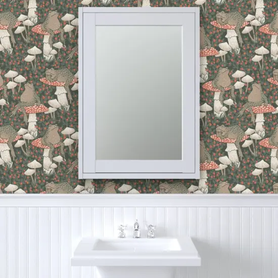 Pre-Pasted Wallpaper 2FT Wide Woodland Forest Toads Mushrooms Toadstool Cottagecore Whimsical Fairy Custom Pre-pasted Wallpaper by Spoonflower {6}