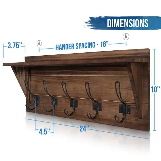 HBCY Creations Rustic Wall Mounted Coat Rack Shelf - Wooden Country Style 24" Entryway Shelf with Hooks - Solid Pine Wood - For Entryway, Kitchen, Bathroom Rustic Brown {5}