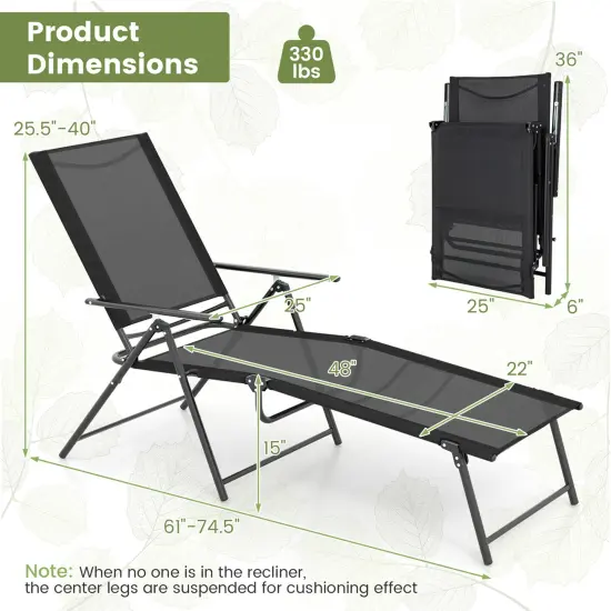 Costway 2 Piece Patio Folding Chaise Lounge Chairs with 6-Level Backrest Reclining Chairs Tan/Black/Grey {3}