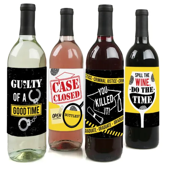 Big Dot of Happiness Case Closed - Criminal Justice Graduation Party Decorations for Women and Men - Wine Bottle Label Stickers - Set of 4 {1}