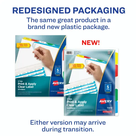 Avery 5 Tab Dividers for 3 Ring Binder, Easy Print & Apply Clear Label Strip, Index Maker Customizable Multicolor Tabs, 5 Sets (11418) {2}