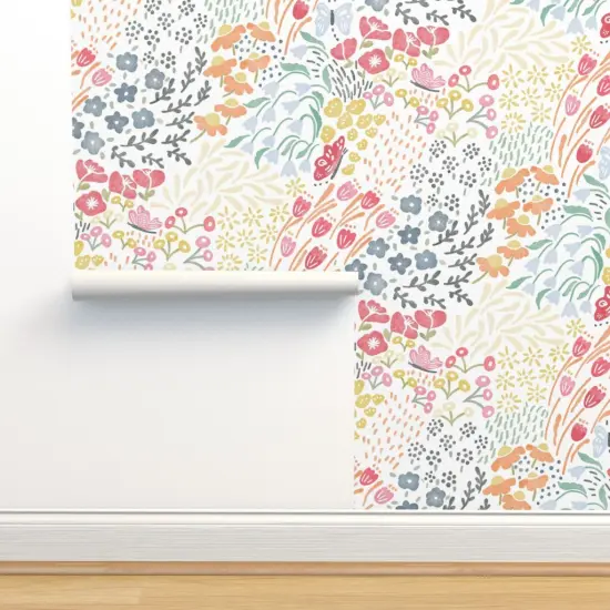 Pre-Pasted Wallpaper 2FT Wide Butterfly Garden Blooms Meadow Floral Sweet Dreams Botanical Whimsical Multicolor Pollinators Wildflowers Large Scale Custom Pre-pasted Wallpaper by Spoonflower {2}