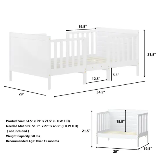 Rubber Wood 2-in-1 Convertible Kids Bed with Guardrails and Chairs White {3}
