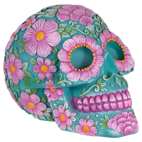 Northlight Day of the Dead Skull Coin Bank - 7.75" - Teal Blue and Pink {5}