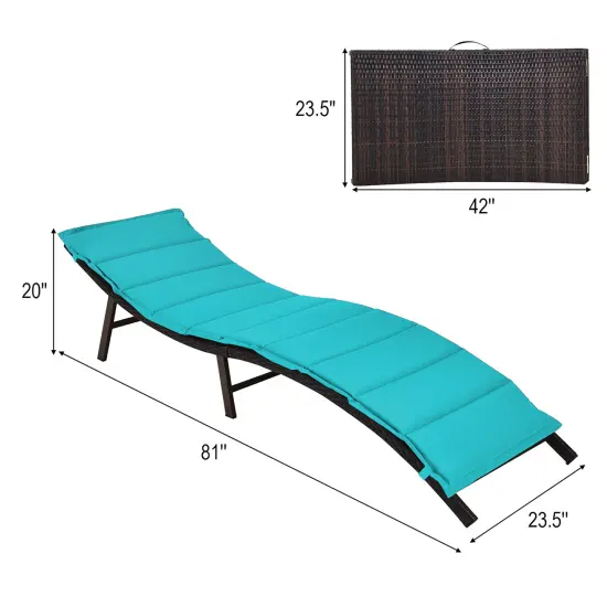 Costway 2PCS Patio Rattan Folding Lounge Chair Chaise Double Sided Cushion Turquoise {3}