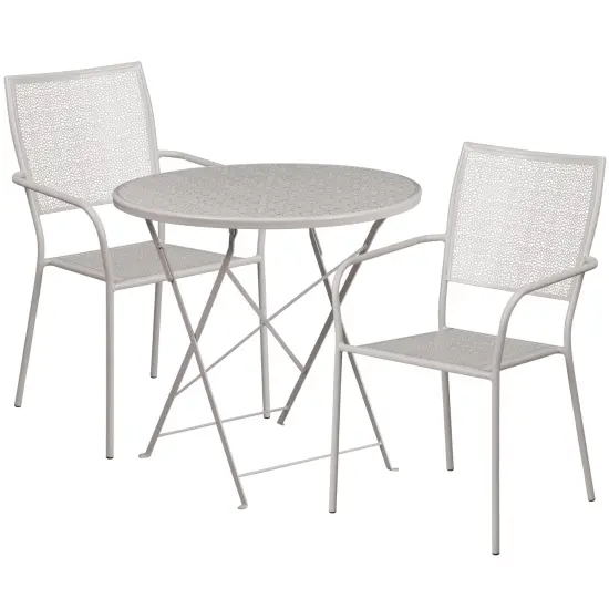 Emma and Oliver Commercial Grade 30" Round Metal Folding Patio Table Set w/ 2 Square Back Chairs Light Gray {1}